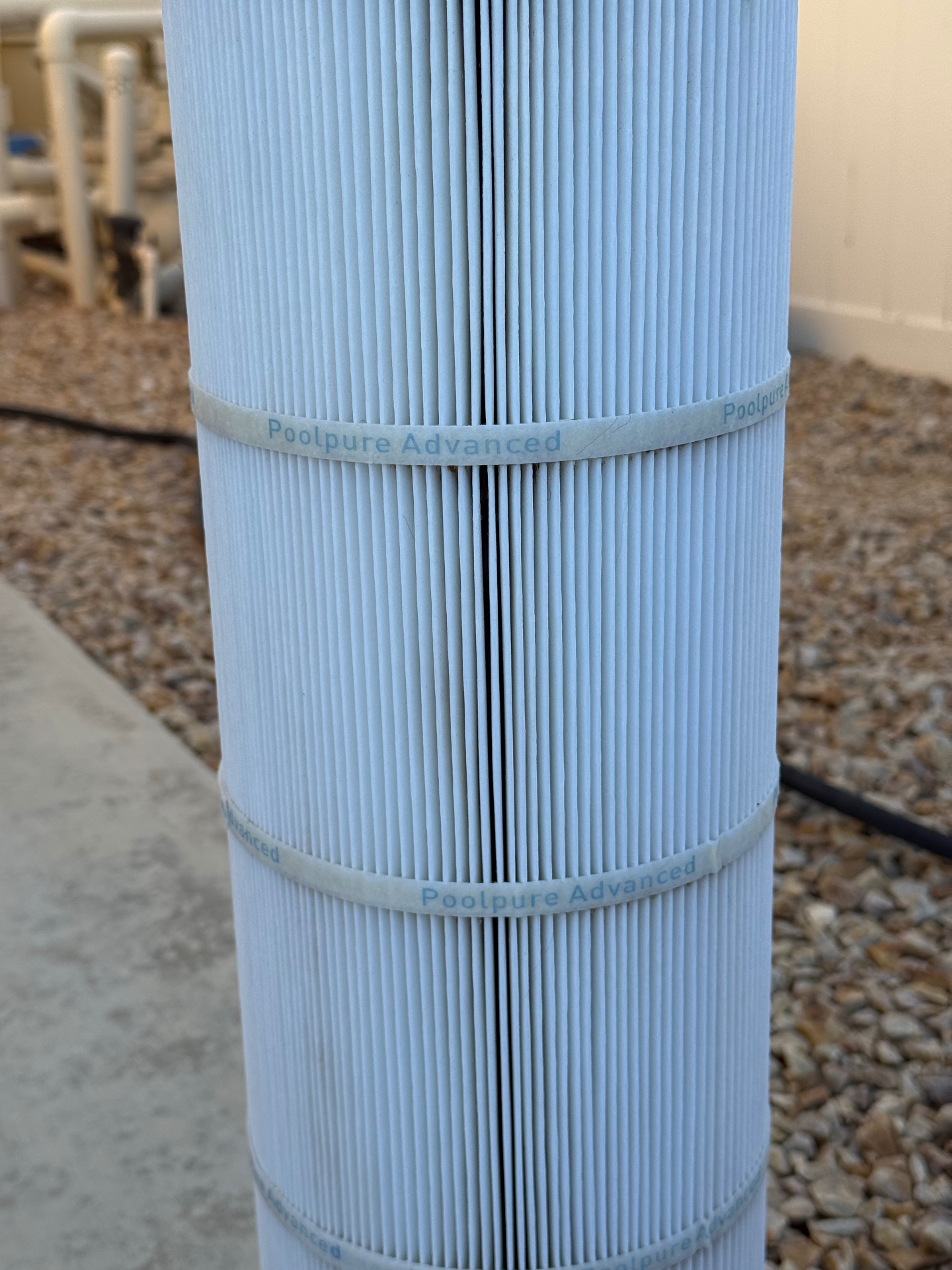 Freshly deep-cleaned white pool filter cartridge